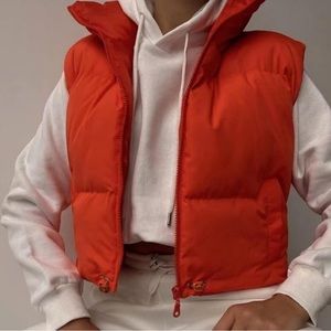 Orange puffer zipper crop turtleneck drawstring vest
